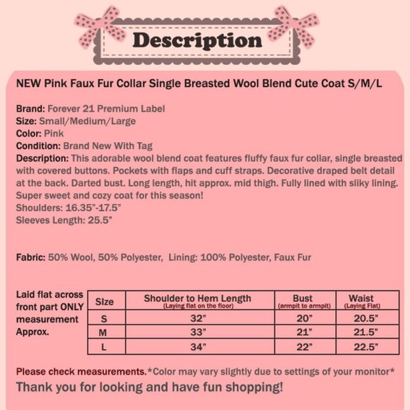 Pink Faux Fur Collar Wool Blend Single Breast Coat - Picture 10 of 10